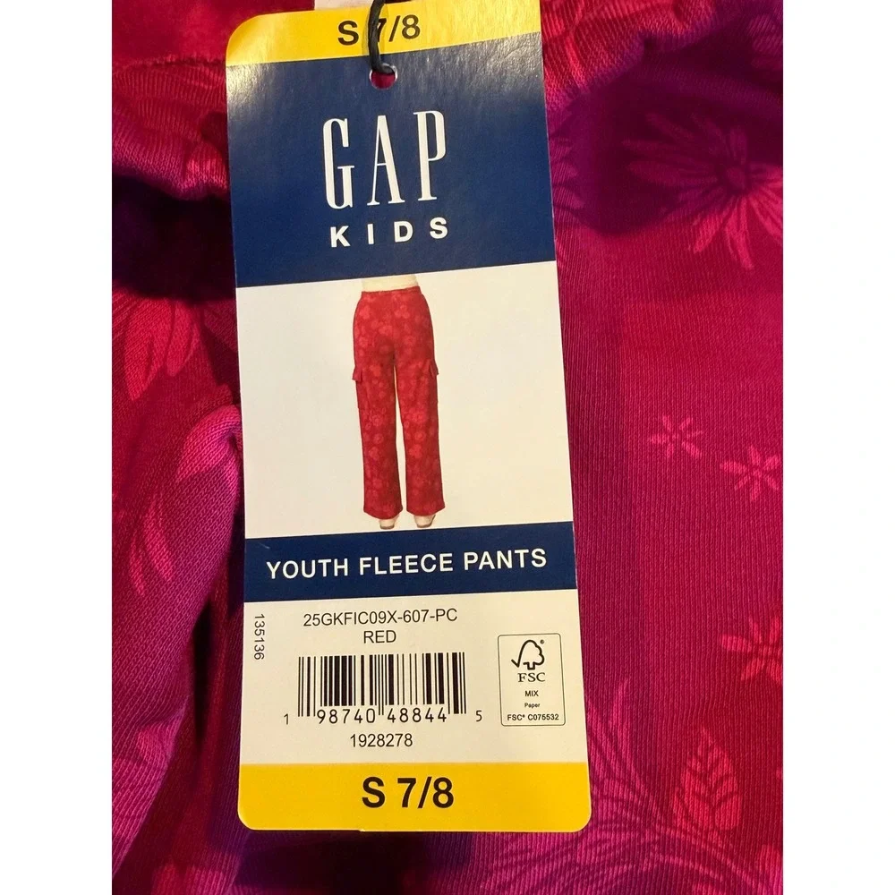 NWT Gap Kids Youth‎ Fleece Pants Red Floral Cargo Wide Leg S 7/8 Coquette Comfy